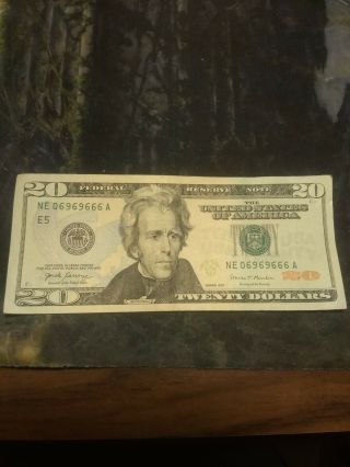2017 $20 Dollar Bill Rare Fancy Serial Number Trinary 06969666