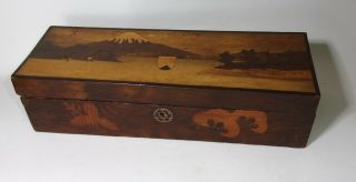 Vintage Japanese Inlaid Marquetry Jewellery Box Mt.  Fuji Scene Wooden Treen