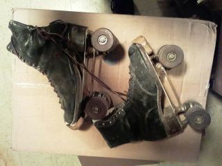 Antique Roller Skates Black Leather With Wooden Wheels As Found.  Men 