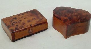 Two Vintage Handmade Burr Walnut Veneer Boxes - Heart And Rectangular Shaped