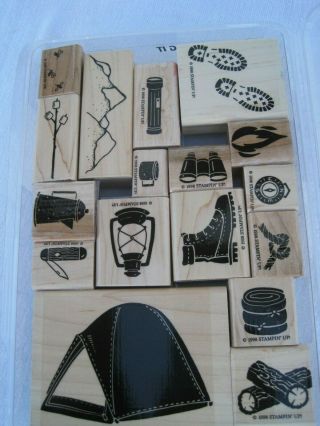 Stampin Up Roughing It Stamp Set Of 16.  Rare,  Retired.  Outdoors,  Tent,  Boots,  Camping