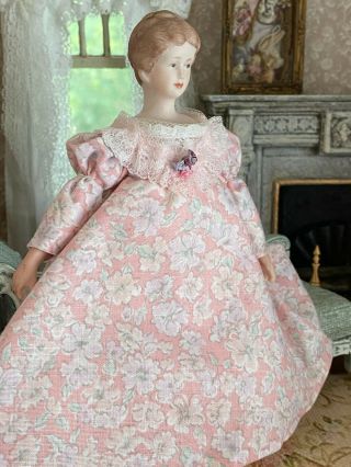 Vintage Miniature Artisan Dollhouse Doll Woman Porcelain Pink Dress Brunette