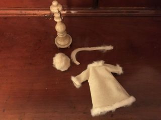 Antique French Dollhouse Clothes Tree With Mink Coat Scarf Hat