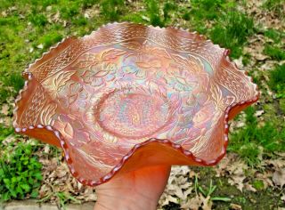 Fenton Two Flowers Antique Carnival Art Glass Bowl Footed - Large Marigold
