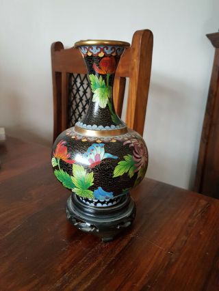 Vintage Stunning Cloisonne Vase With Flowers And Butterfly