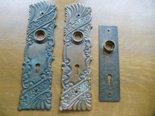 2 Matched Ornate Antique Eastlake Victorian Metal Door Knob Backplates Keyhole