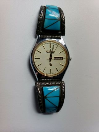Zuni Sterling Silver & Turquoise Inlay Watch Band - Rare - Southwest Style