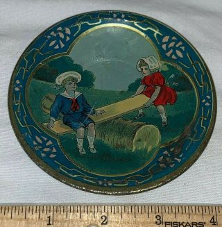Antique Tin Litho Toy Tea Set Plate Saucer Sailor Boy Sunbonnet Girl Victorian