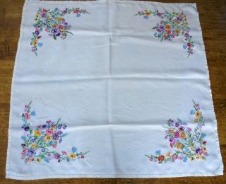 Vintage Linen Tablecloth Hand Embroidered Summer Flowers In Compact Stitches