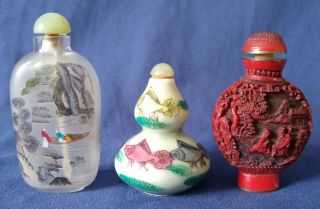 3 Vintage Chinese Snuff Bottles Porcelain,  Glass Painted 1 Signed Base Seal Mark