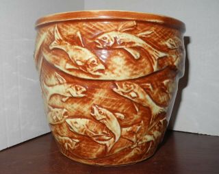 Rare Vintage Mccoy 412 Fish Net Planter Pot Vase Jardiniere Reddish Brown Usa