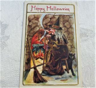 1910 Postmarked Antique Halloween Postcard Embossed Witch Cauldron Black Cat