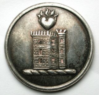 Antique Silvered Livery Button Castle W Flaming Heart Dublin Back Mark 15/16 "