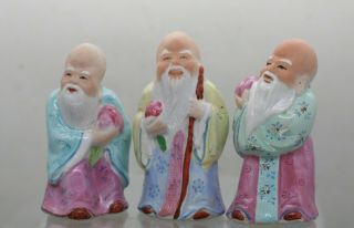 Three Vintage Chinese Hand Painted Famille Rose Porcelain God Of Longevity