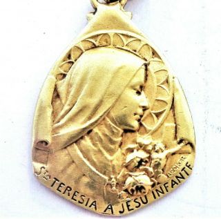 Antique Gold Plated French Religious Art Medal Pendant Saint Therese By Becker