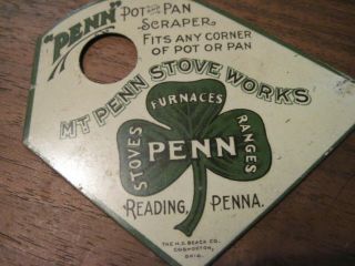 Antique Mt Penn Stoves Ranges Pot Pan Scraper Tin Litho Kitchen Sign Reading Pa