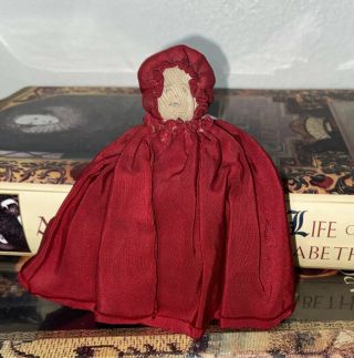Antique Little Red Riding Hood Doll Primitive Folk Art Stockinette Face Silk