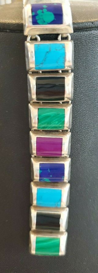 Rare Hand Made Mexico Taxco 950 Sterling Silver Multi - Color Stone Bracelet Tm181