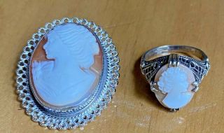 Antique Filigree Sterling Carved Cameo Ring And Sterling Cameo Brooch