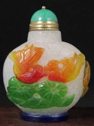 Chinese Carp Mandarin Duck Carved Peking Overlay Glass Snuff Bottle