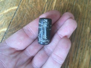 Signed Antique Stone Bead Hand Carved With Human Figures And Foo Dog