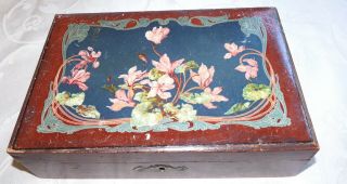Fine Vintage Writing Box - Wooden - Hand Painted Floral Lid,  Lock - 19 X 13 Cm
