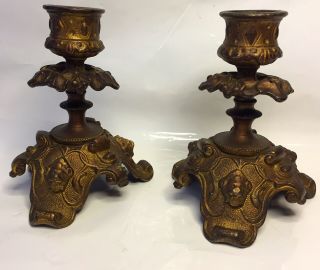 Gothic Dwarf Brass Candlesticks Pair