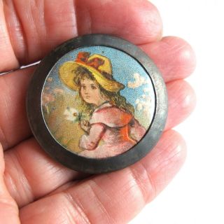 Rare Find 1 1/2 " Antique Metal Lithograph Button Young Victorian Girl Pad Shank