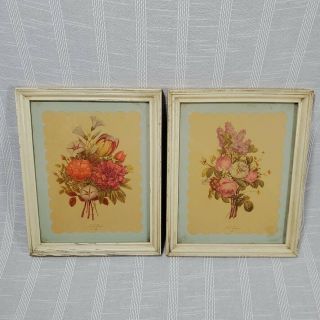 Vintage J.  L.  Prevost Botanical Bouquet Prints Matted Framed Shabby Chic Cottage