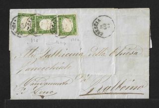 1863 Italy Sardinia Cover,  5 Cents X 3 Stamps,  Different Colors,  Rare