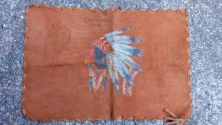 Vintage Native American Decorated Painted Leather Picture - Huron Chief