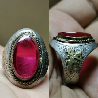 Antique Yemeni Silver Rare Ring With Glass Size 9 19