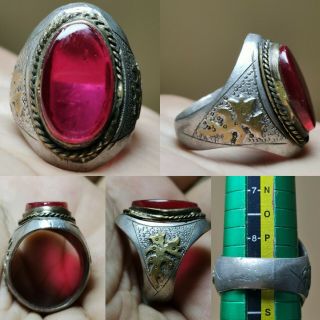 Antique Yemeni silver rare Ring with glass size 9 19 2