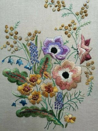 Vintage Hand Embroidered Floral Panel Anemones Mimosa Grape Hyachinth
