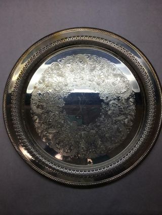 Vintage Wm Rogers Brand 172 Silver Plate Tray Round Carved Platter Cut Borders