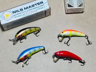4 X Vintage Early Nils Master Handcrafted Balsa Wood 2” Fishing Lures,  Finland
