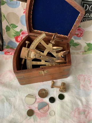 Brass Sextant Compass Nautical Marine Solid Antique Finish In Wooden Box