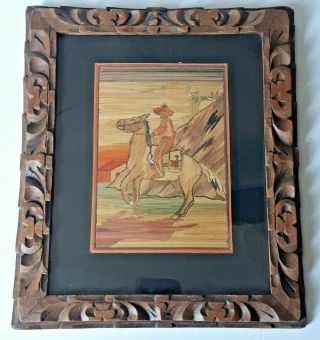 Vintage Straw Painting A Man On A Horse,  Vintage Hand Carved Frame,  Hand Crafted
