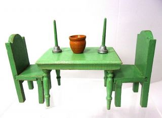 Vtg 1930s Strombecker Dollhouse Furniture Green Kitchen Table & Chairs & Access