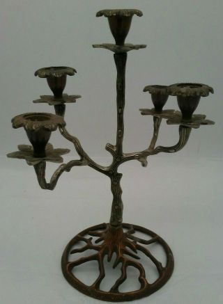 Antique Candelabra Pewter Copper Tree Candle Holder 5 Arm Floral Drip Cup Rare