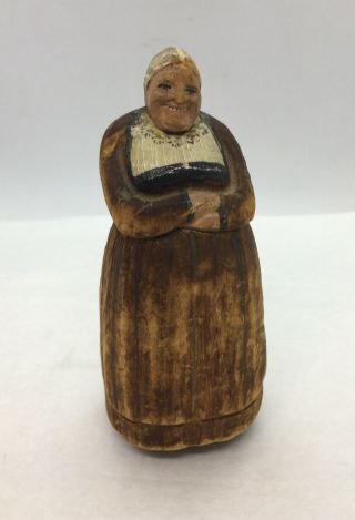 Antique Hand - Carved Wooden Wood Figure Old Woman Lady Folk Art 5” Tall