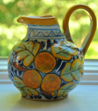 Talavera Mexican Pottery Yellow And Blue Cream Pitcher Fruit Berries Rare