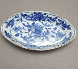 Antique Chinese Late Ming/early Qing Kangxi Small Oval Blue And White Dish