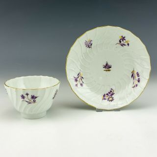 Antique Early English Porcelain - Painted & Gilt Flowers - Tea Bowl & Saucer
