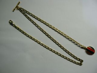 Antique Gold Plated Albert Pocket Watch Chain With Enamel Gp Painted Fob