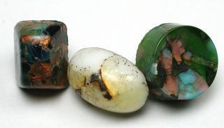 3 Antique Leo Popper Glass Buttons Green White & Black Designs - 7/16 "