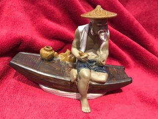 Vintage Chinese Mud Man Ceramic Clay Ornament Fisherman Oriental Figure
