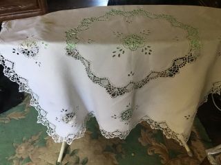 Exquisite Vintage White Cotton Tablecloth With Embroidered Flowers And Openwork