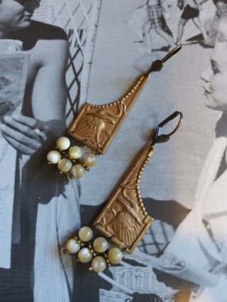 Vintage Rare Nouveau Crane Earrings Natural Shell Beads Gold Brass