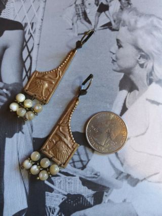 Vintage rare nouveau crane earrings natural shell beads gold brass 3